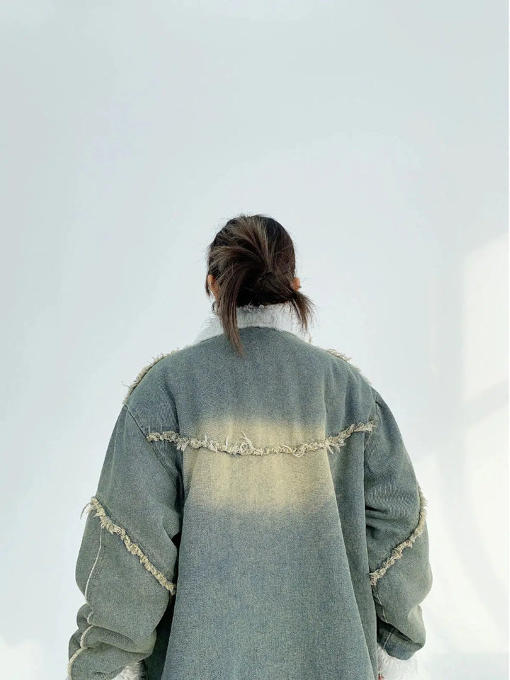 Faux Fur Trim Frayed Denim Jacket