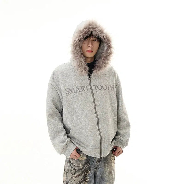 Faux Fur Trim Hooded Zipper Sweatshirt The Korean Fashion