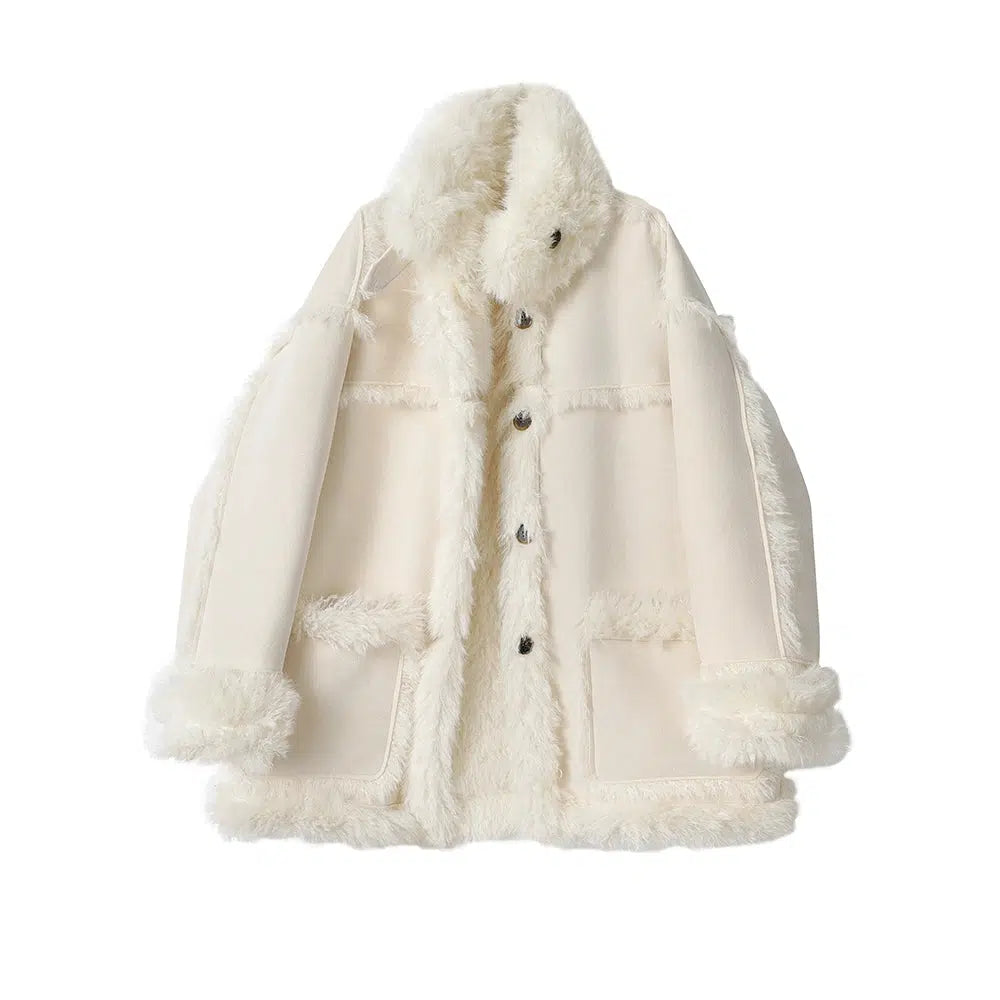 Faux Fur Trim Shearling Coat