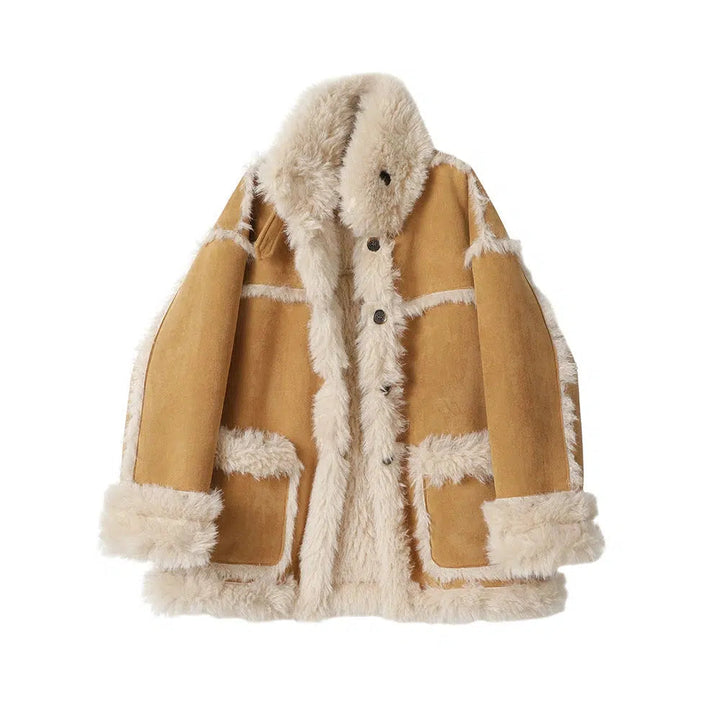 Faux Fur Trim Shearling Coat