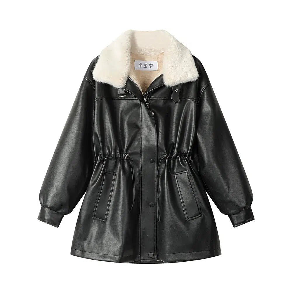 Faux Fur Collar Faux Leather Coat