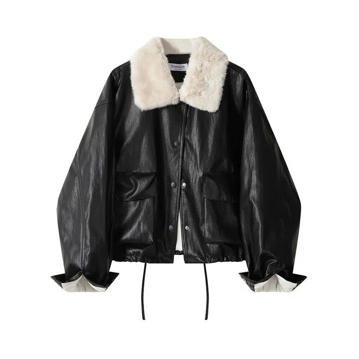 Plush Collar Faux Leather Jacket