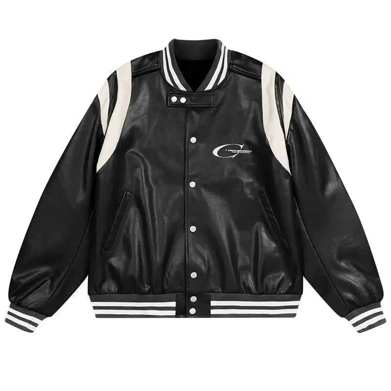 Faux Leather Varsity Jacket with Striped Accents