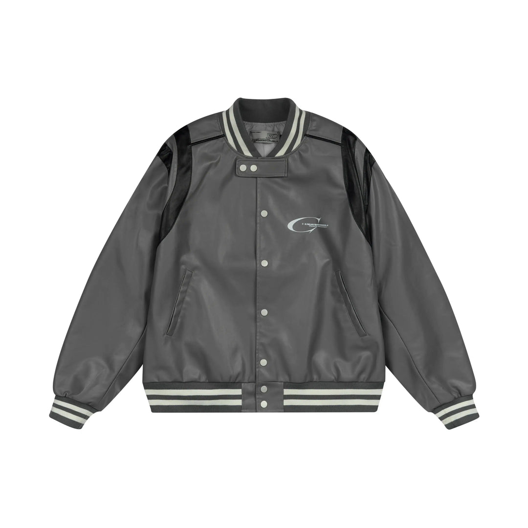 Faux Leather Varsity Jacket with Striped Accents