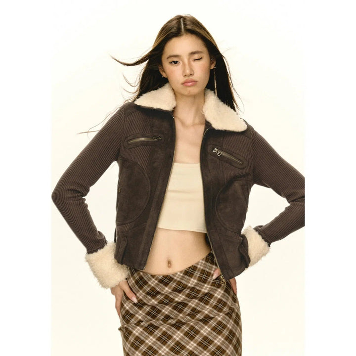 Faux Shearling-Lined Textured Coat with Zip and Buckle Details