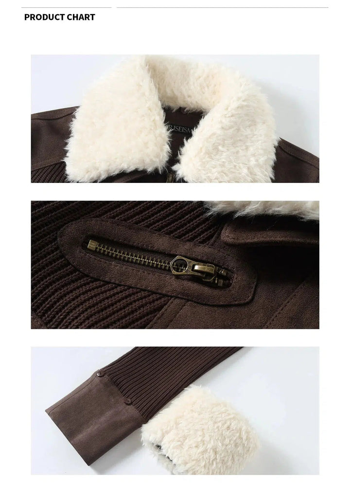 Faux Shearling-Lined Textured Coat with Zip and Buckle Details