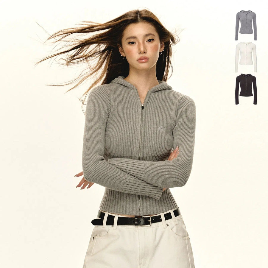 Fitted Ribbed Knit Zip-Up Sweater