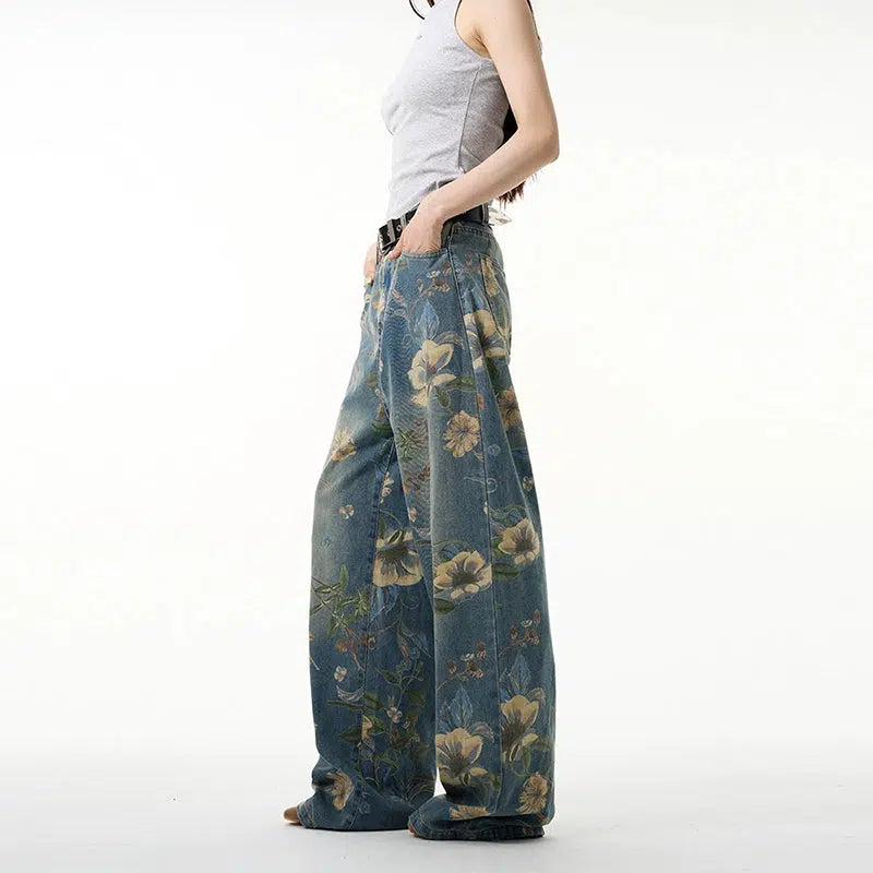 Floral Print Wide-leg Jeans