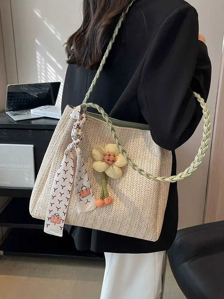 Flower Scarf Accent Woven Handbag