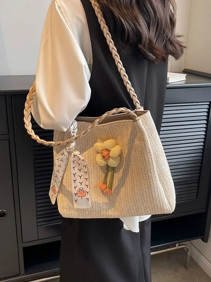 Flower Scarf Accent Woven Handbag