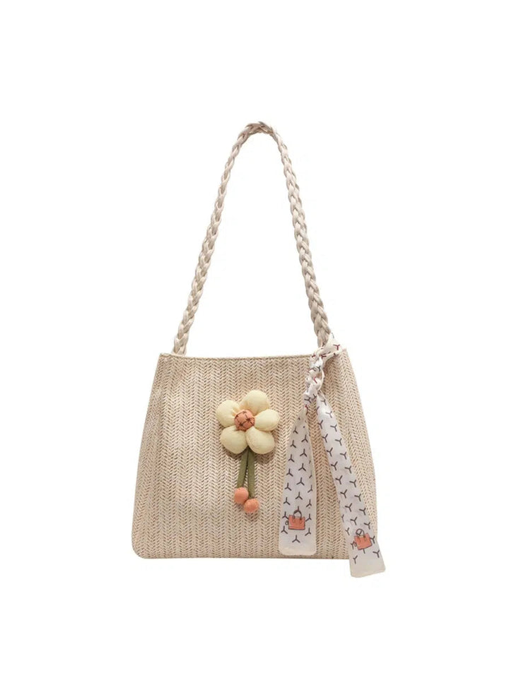 Flower Scarf Accent Woven Handbag