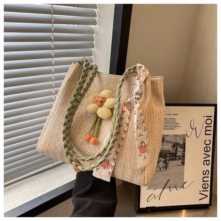 Flower Scarf Accent Woven Handbag