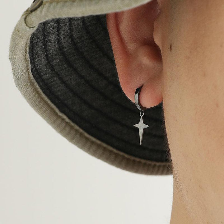 Four Pointed Star Drop Hoop Earrings