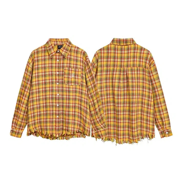 Frayed Hem Plaid Button-Up Shirt