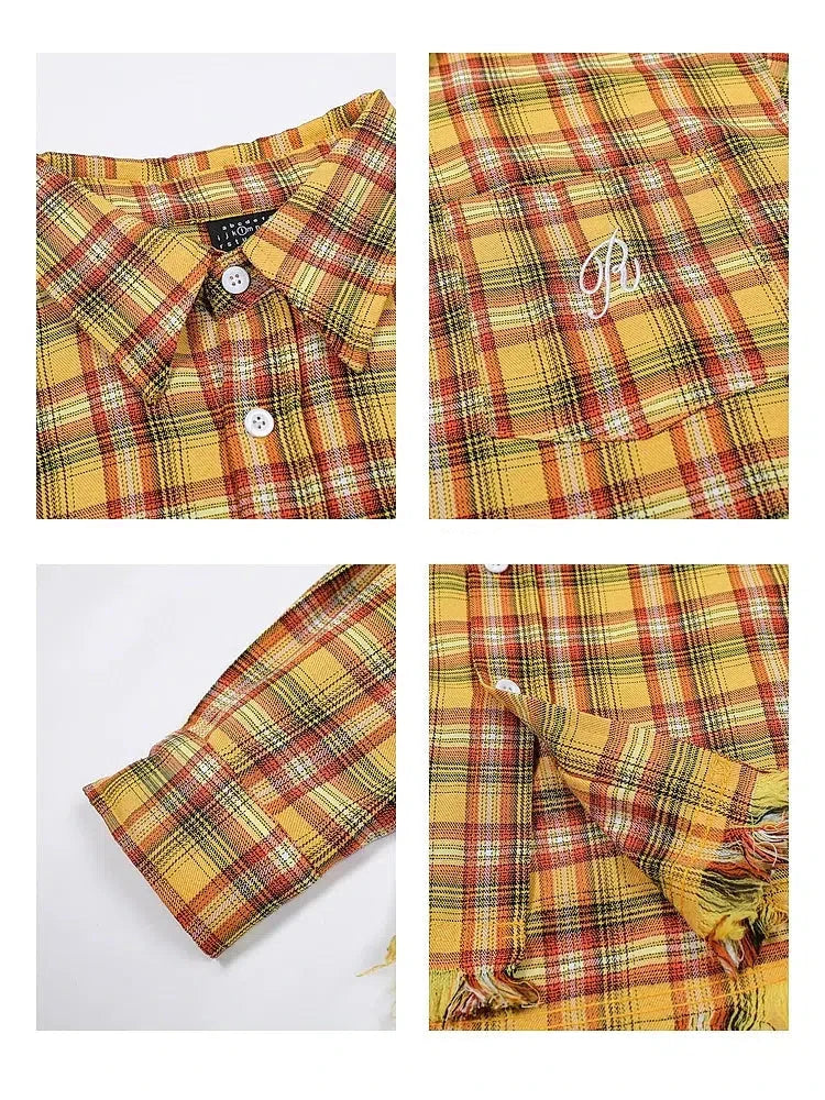 Frayed Hem Plaid Button-Up Shirt