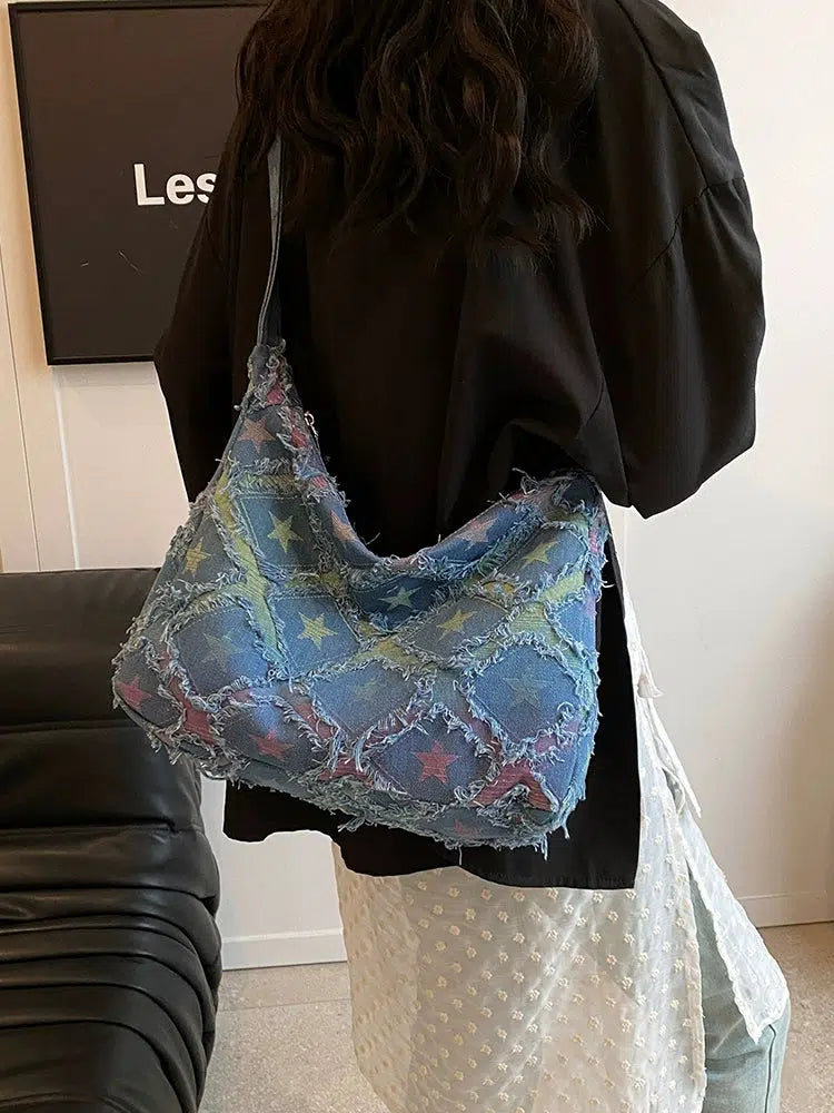 Frayed Star Pattern Shoulder Bag