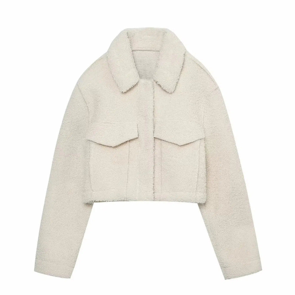 Front Pockets Sherpa Cropped Jacket