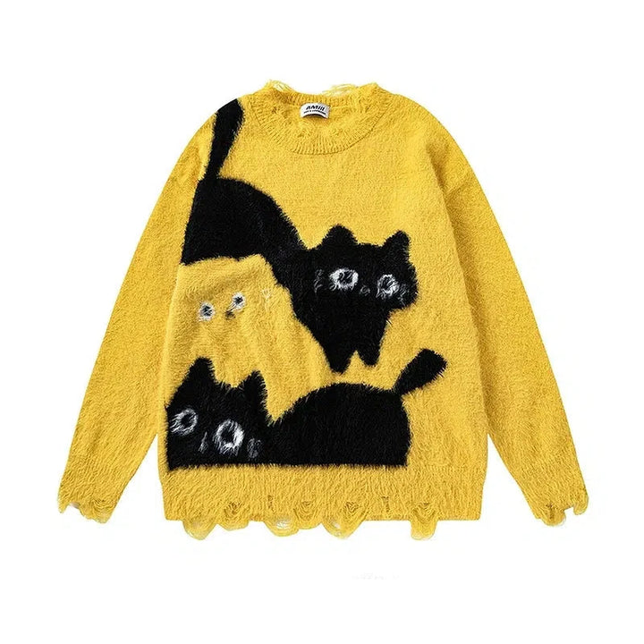 Fuzzy Cat Pattern Knit Sweater