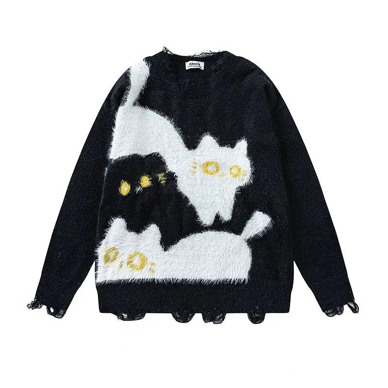 Fuzzy Cat Pattern Knit Sweater