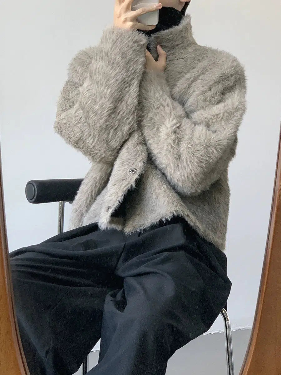 Fuzzy Knit Jacket with Ribbed Trim