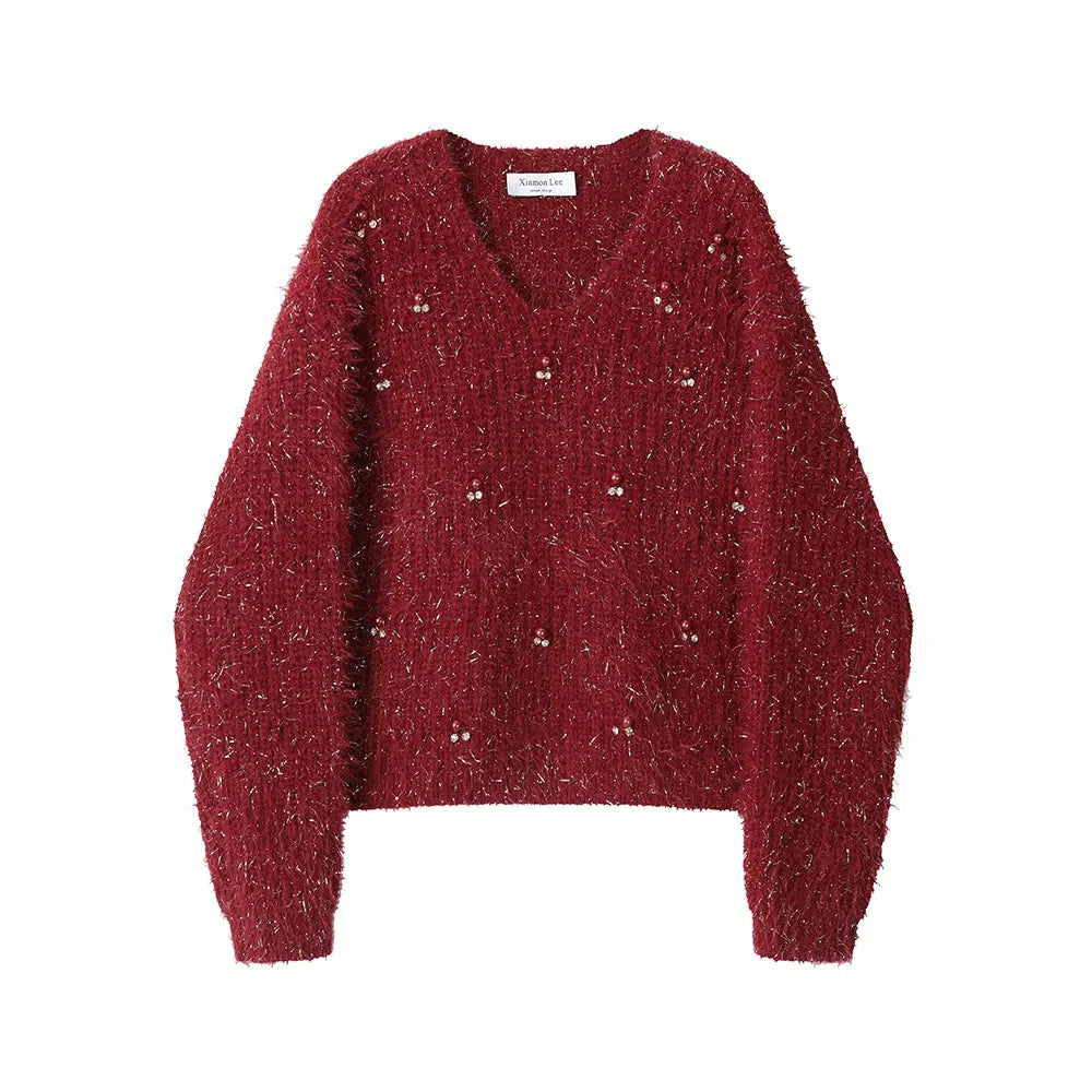 Fuzzy Knit V-Neck Sweatshirt