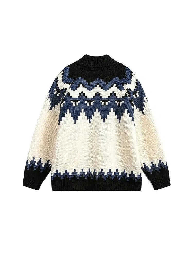 Geometric Pattern Zip-Up Sweater