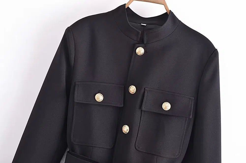 Gold Buttons Belted Military Style Jacket