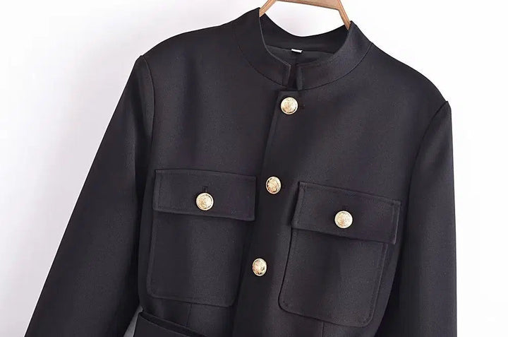 Gold Buttons Belted Military Style Jacket