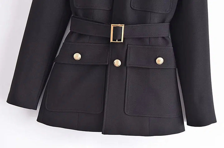 Gold Buttons Belted Military Style Jacket