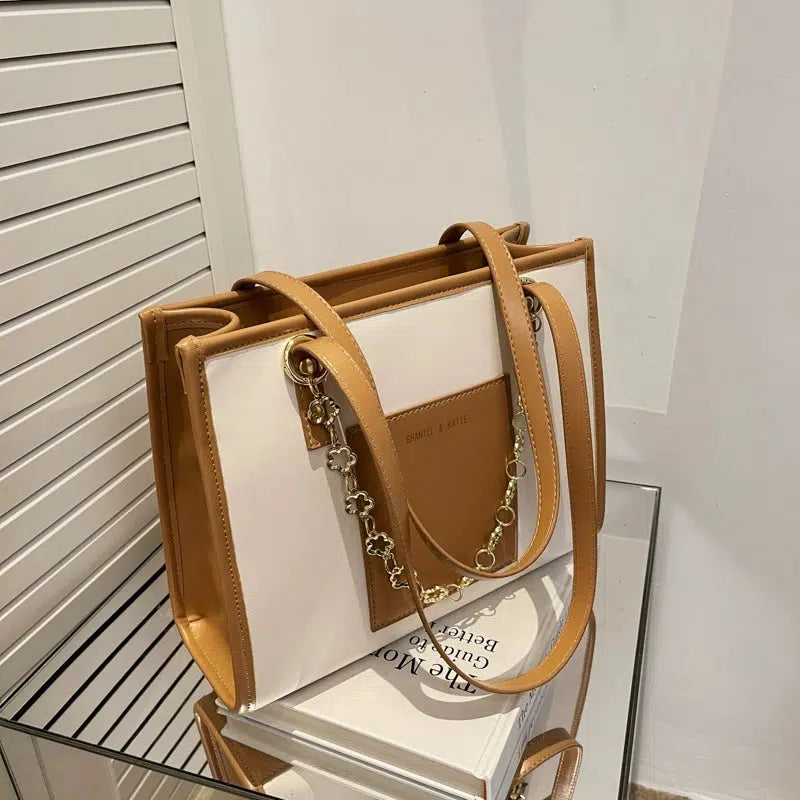 Gold Chain Accent Leather Tote Bag