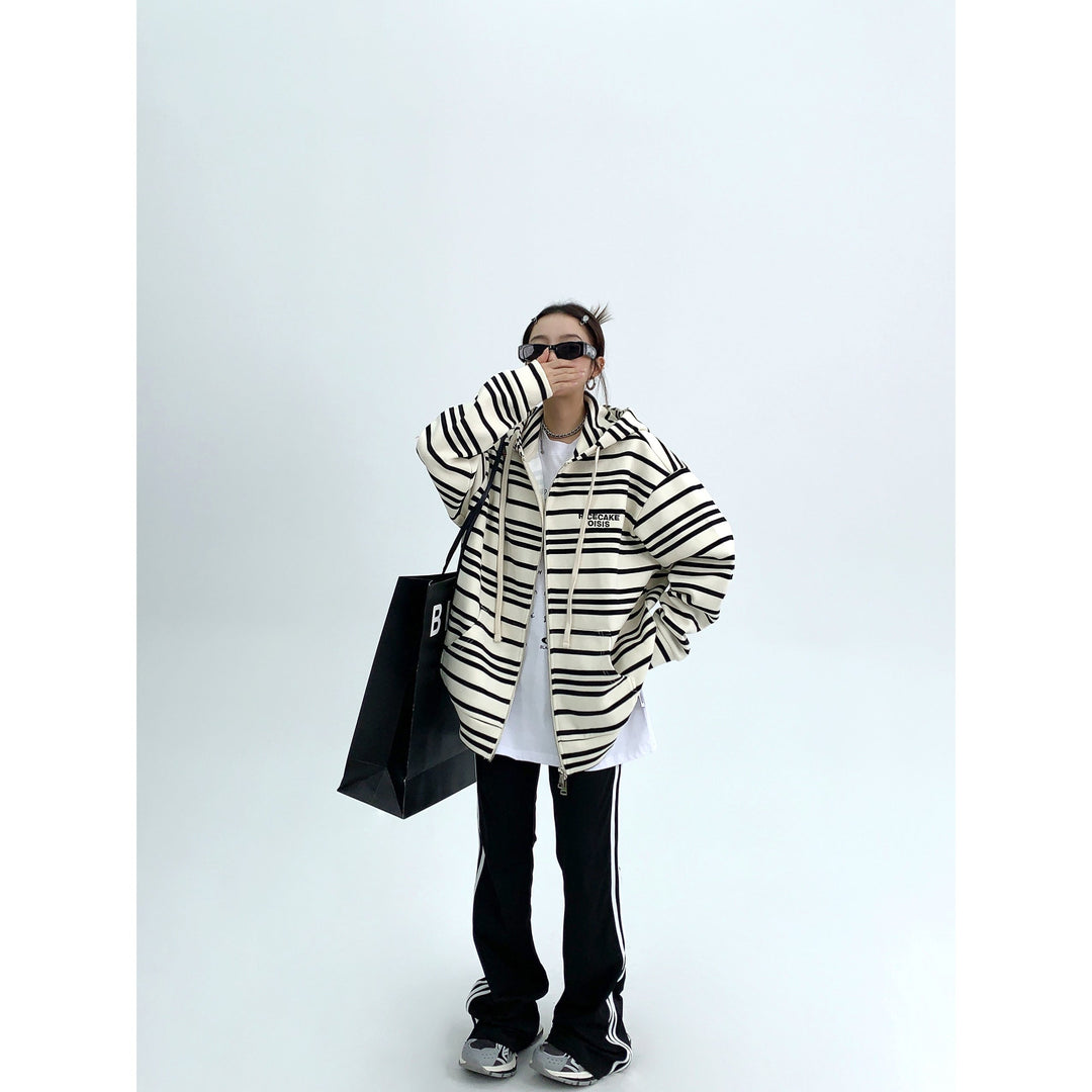 Graphic Print Striped Hooded Coat