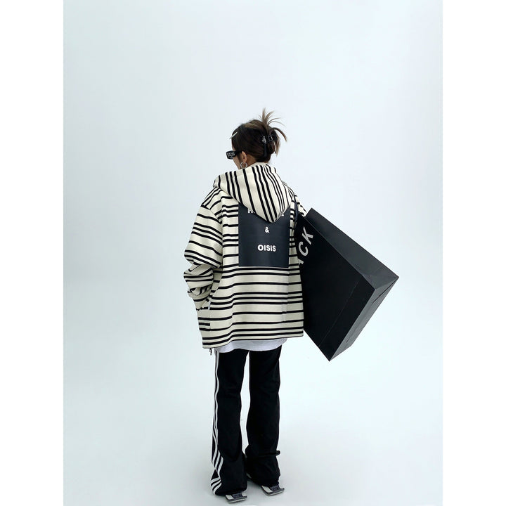 Graphic Print Striped Hooded Coat