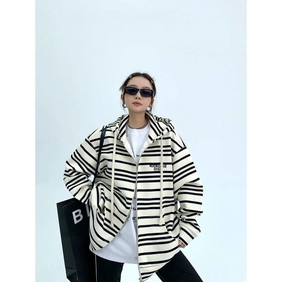 Graphic Print Striped Hooded Coat