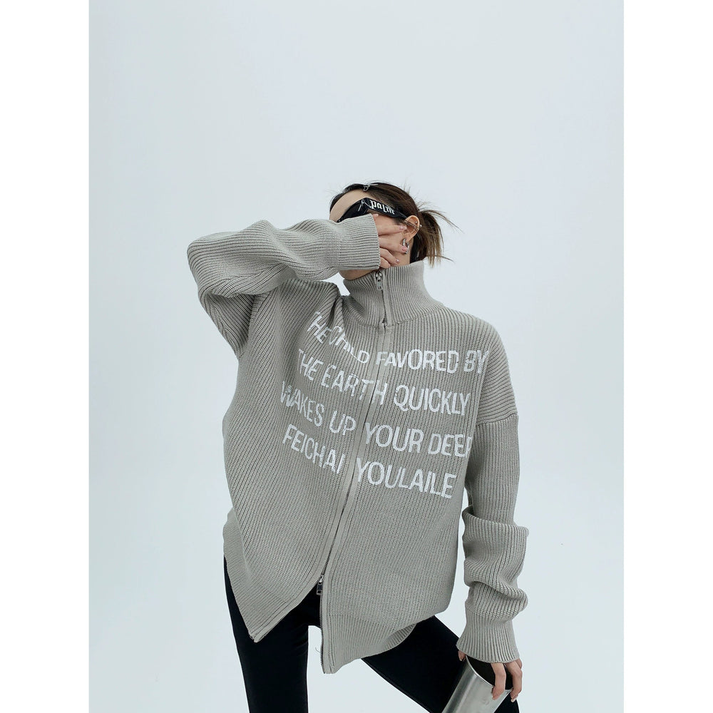 Graphic Text Zippered Knit Sweater