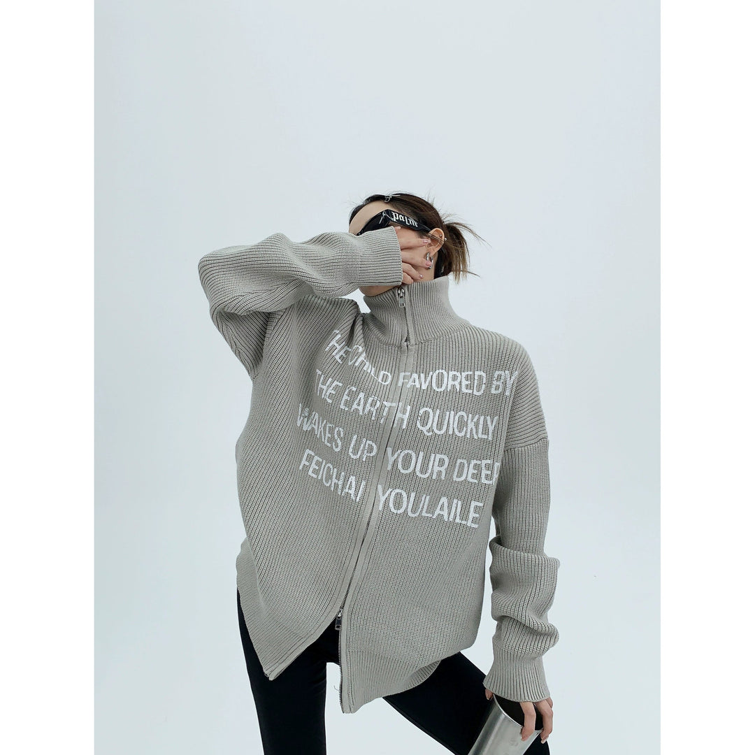 Graphic Text Zippered Knit Sweater