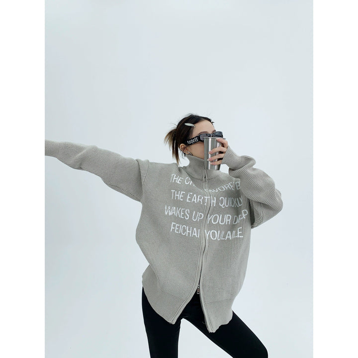 Graphic Text Zippered Knit Sweater