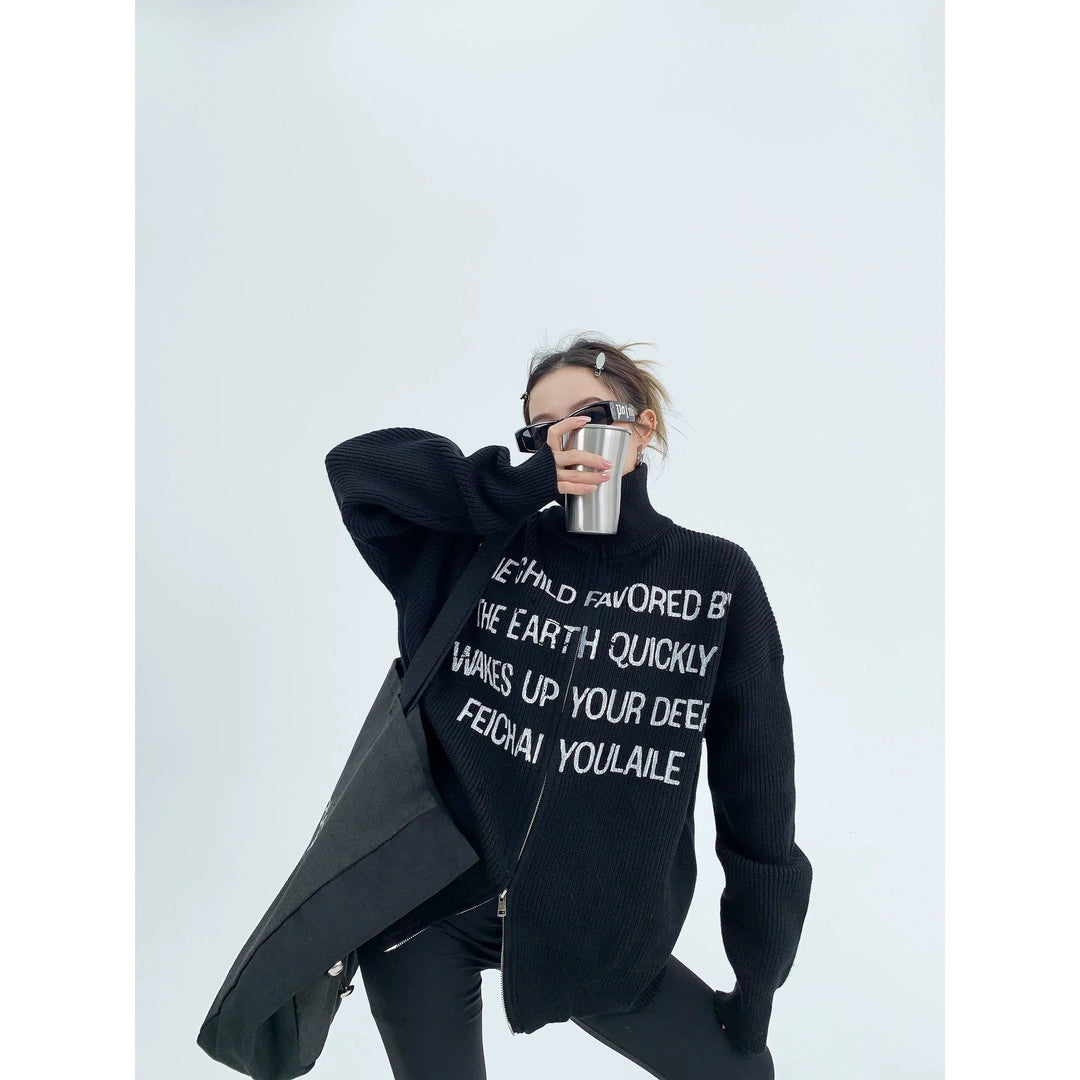 Graphic Text Zippered Knit Sweater