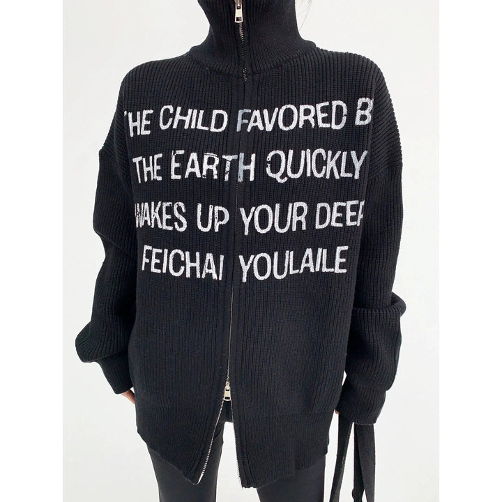 Graphic Text Zippered Knit Sweater