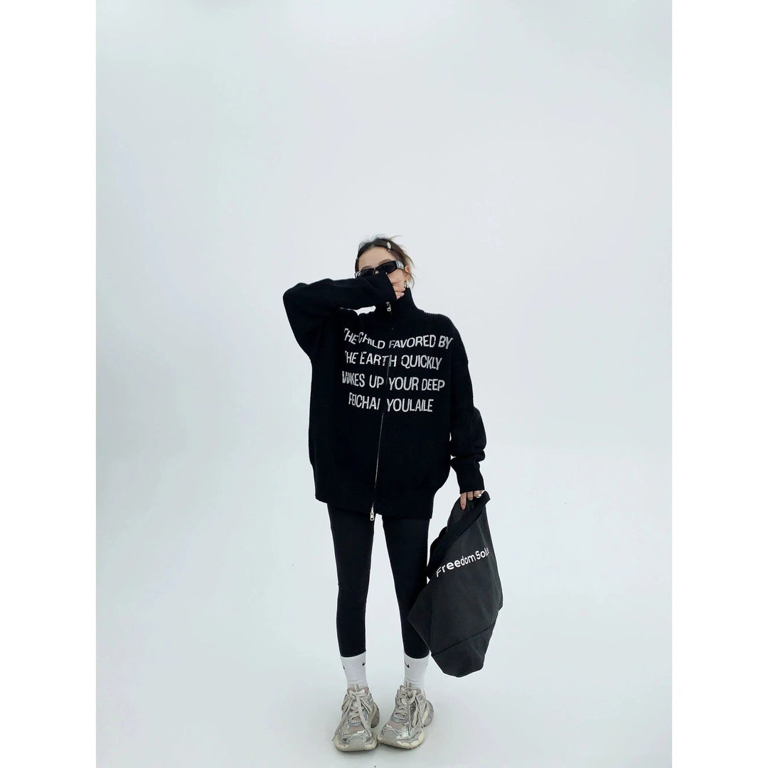 Graphic Text Zippered Knit Sweater