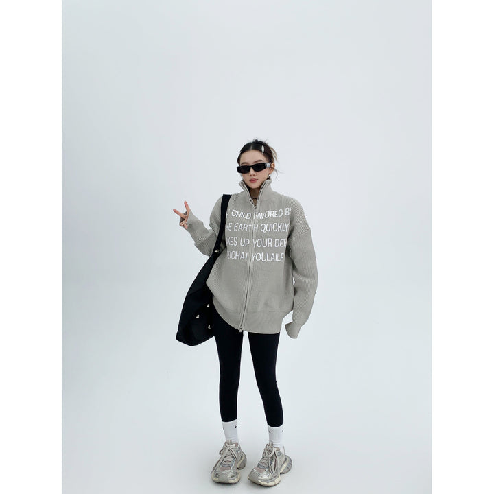 Graphic Text Zippered Knit Sweater