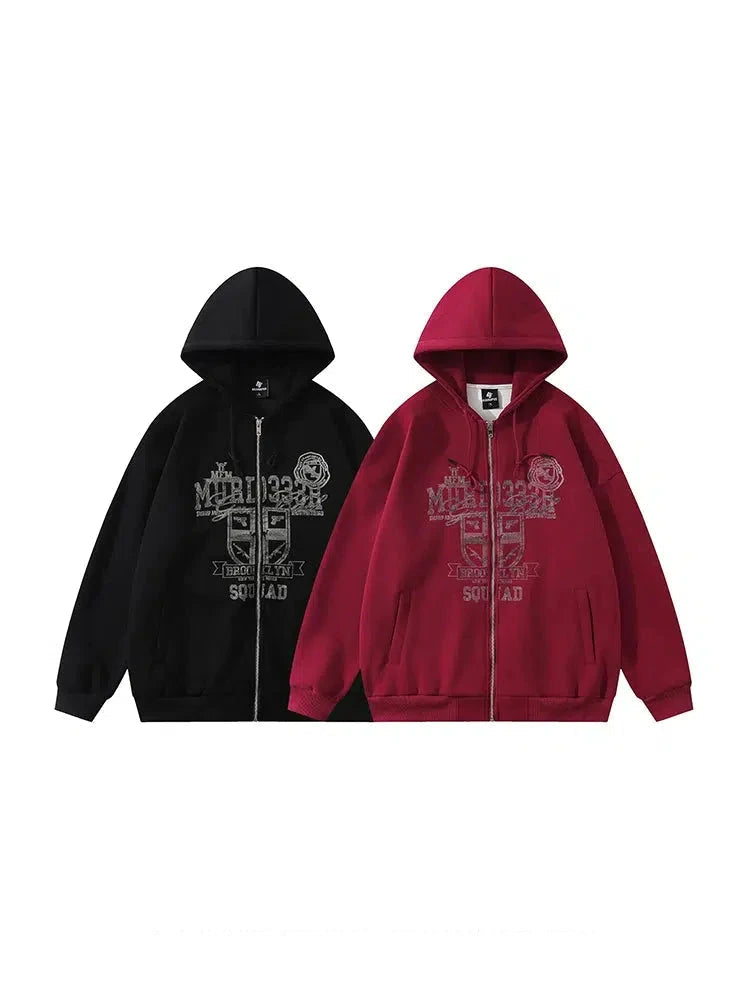 Graphic Zip Up Hoodie Red M