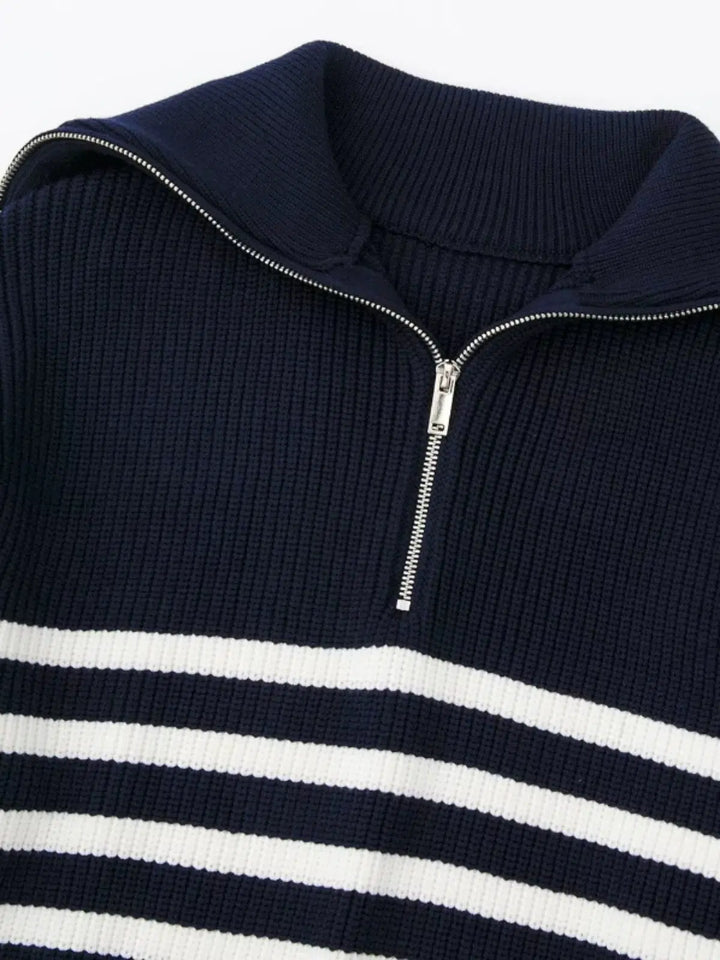 Half Zipper Striped Wool Blended Sweater