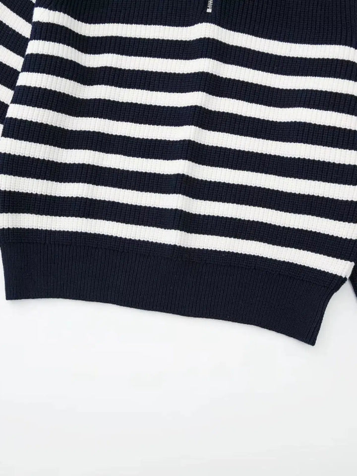 Half Zipper Striped Wool Blended Sweater