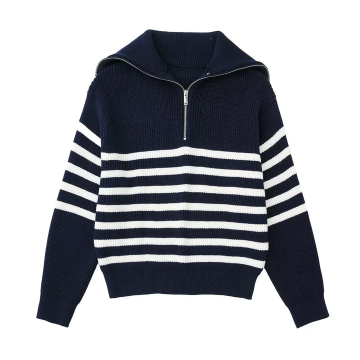 Half Zipper Striped Wool Blended Sweater