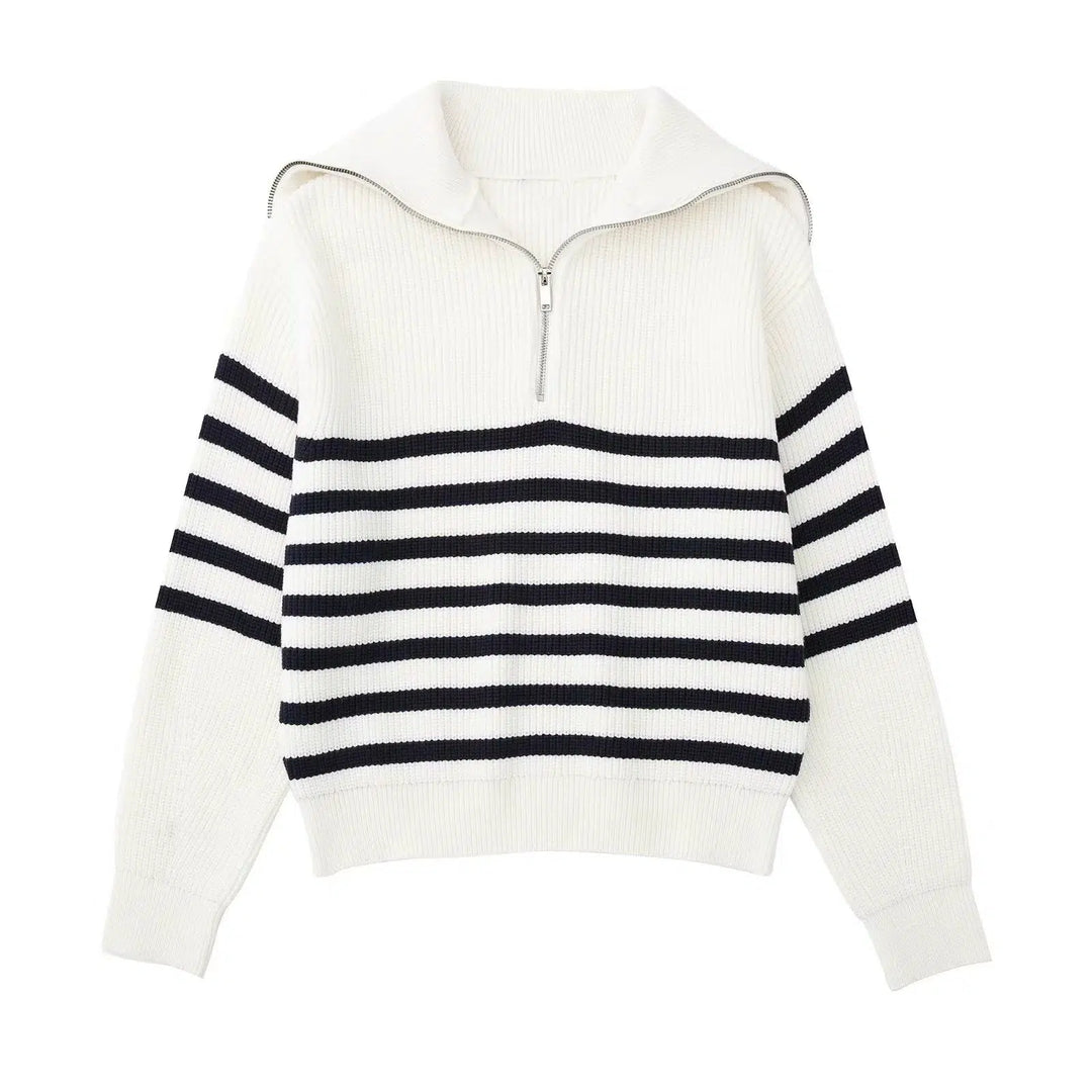 Half Zipper Striped Wool Blended Sweater