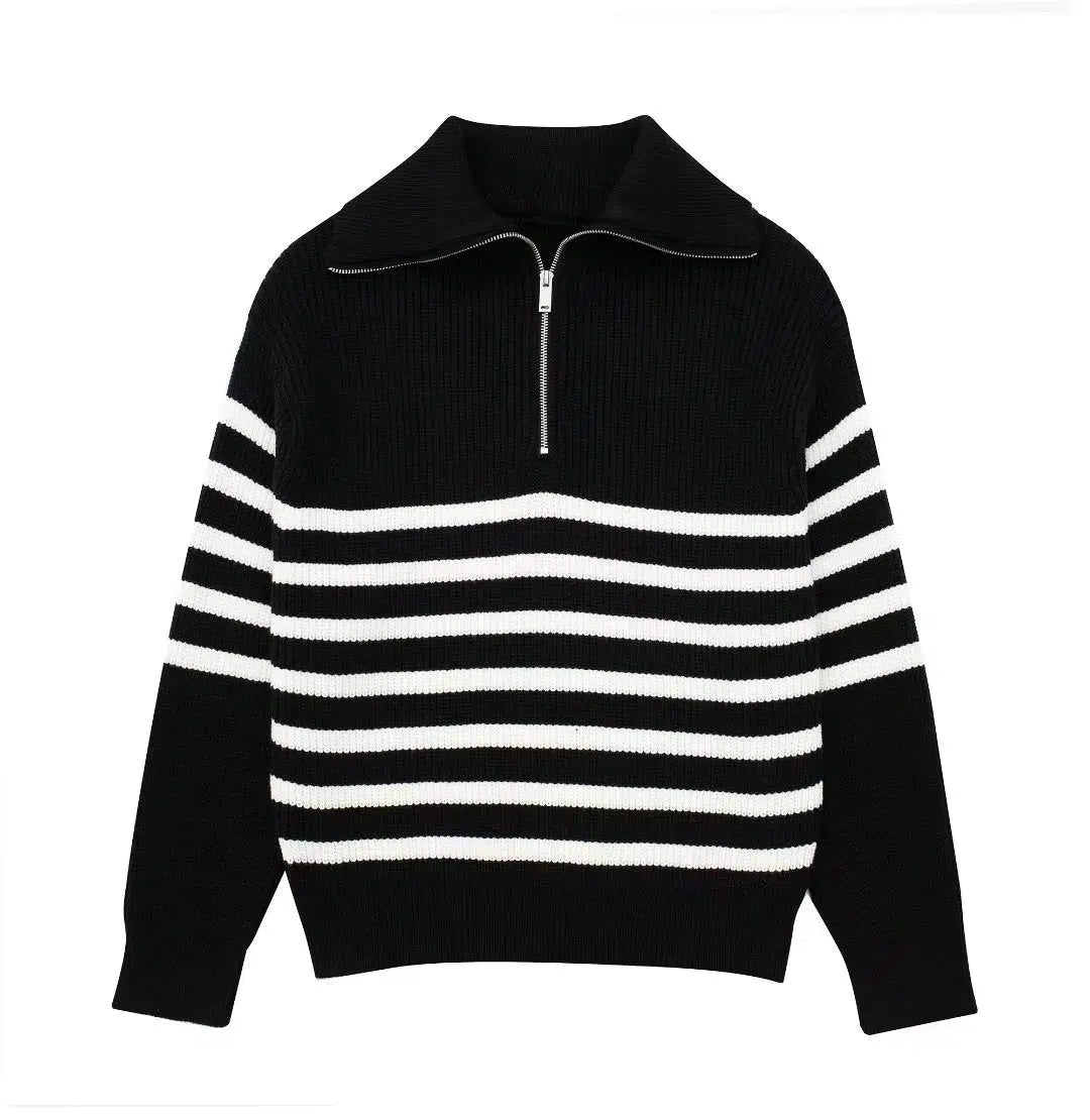 Half Zipper Striped Wool Blended Sweater