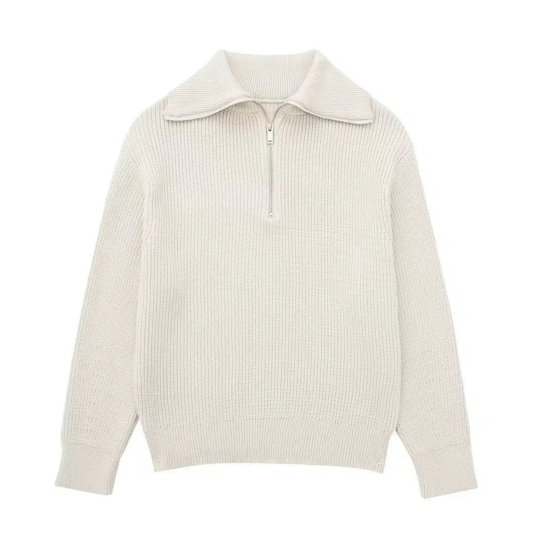 Half Zipper Striped Wool Blended Sweater