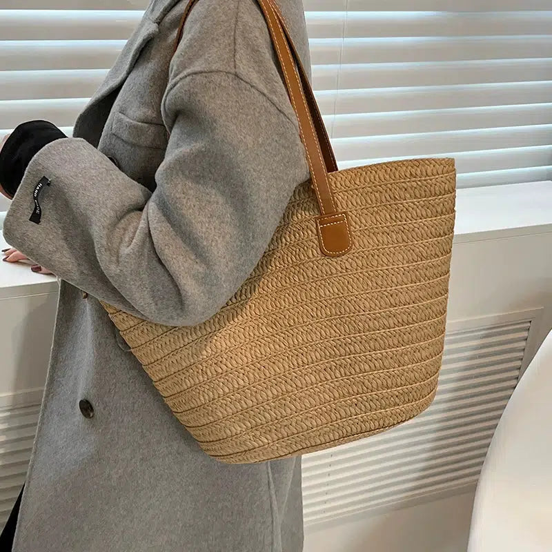 Handwoven Straw Leather Handles Tote Bag