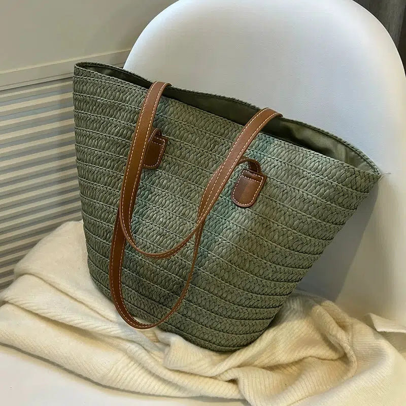 Handwoven Straw Leather Handles Tote Bag