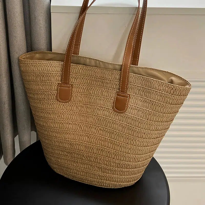 Handwoven Straw Leather Handles Tote Bag